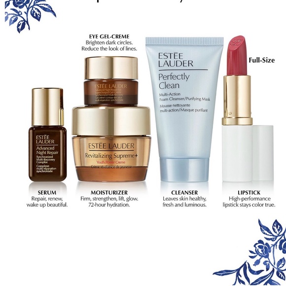 Estee Lauder Blue Floral Bag with Skincare and Lipstick - Picture 3 of 3